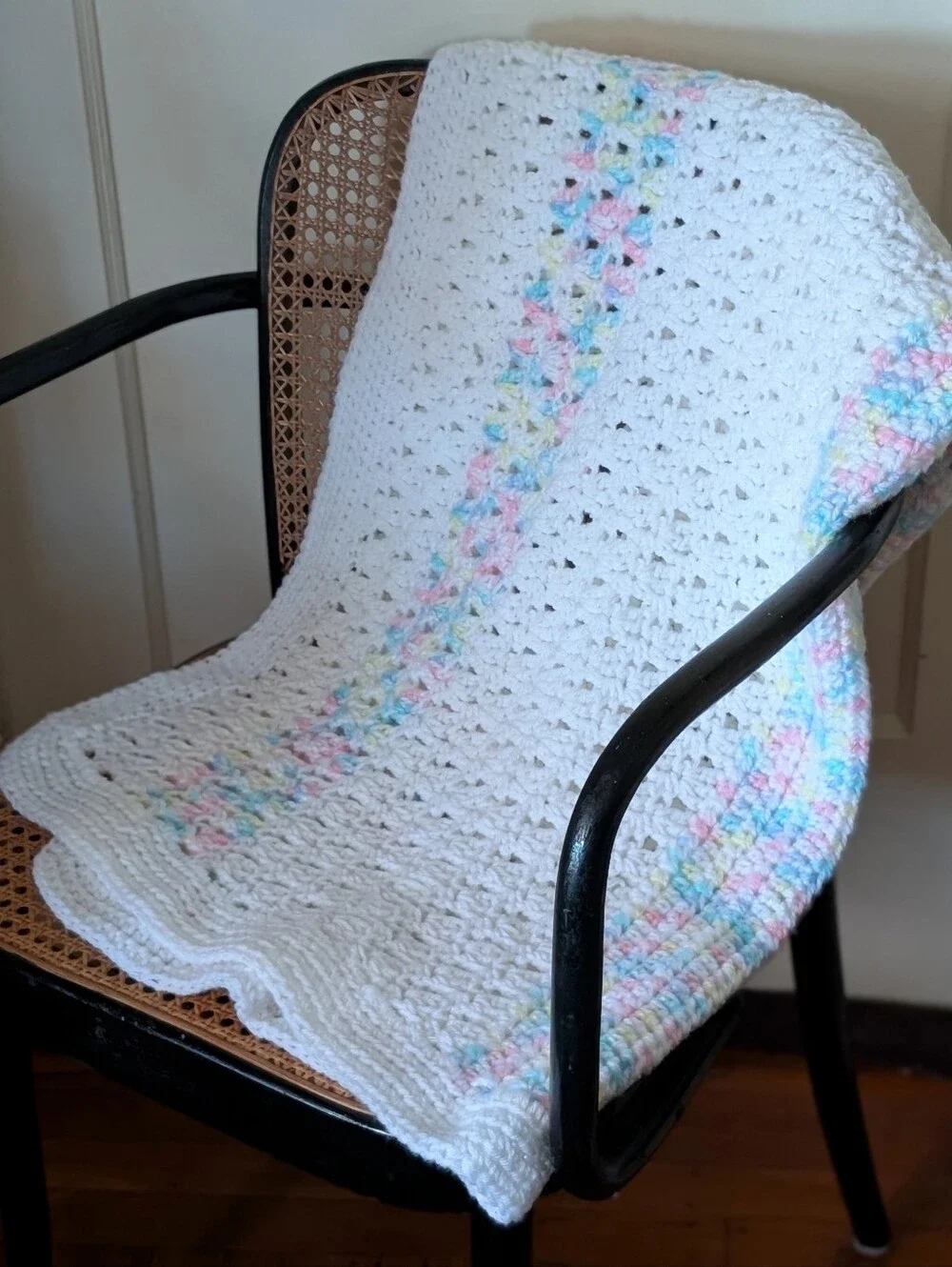 Handmade White Crochet Blanket / Knitted Throw Blanket with Pastel Stripes 36x36